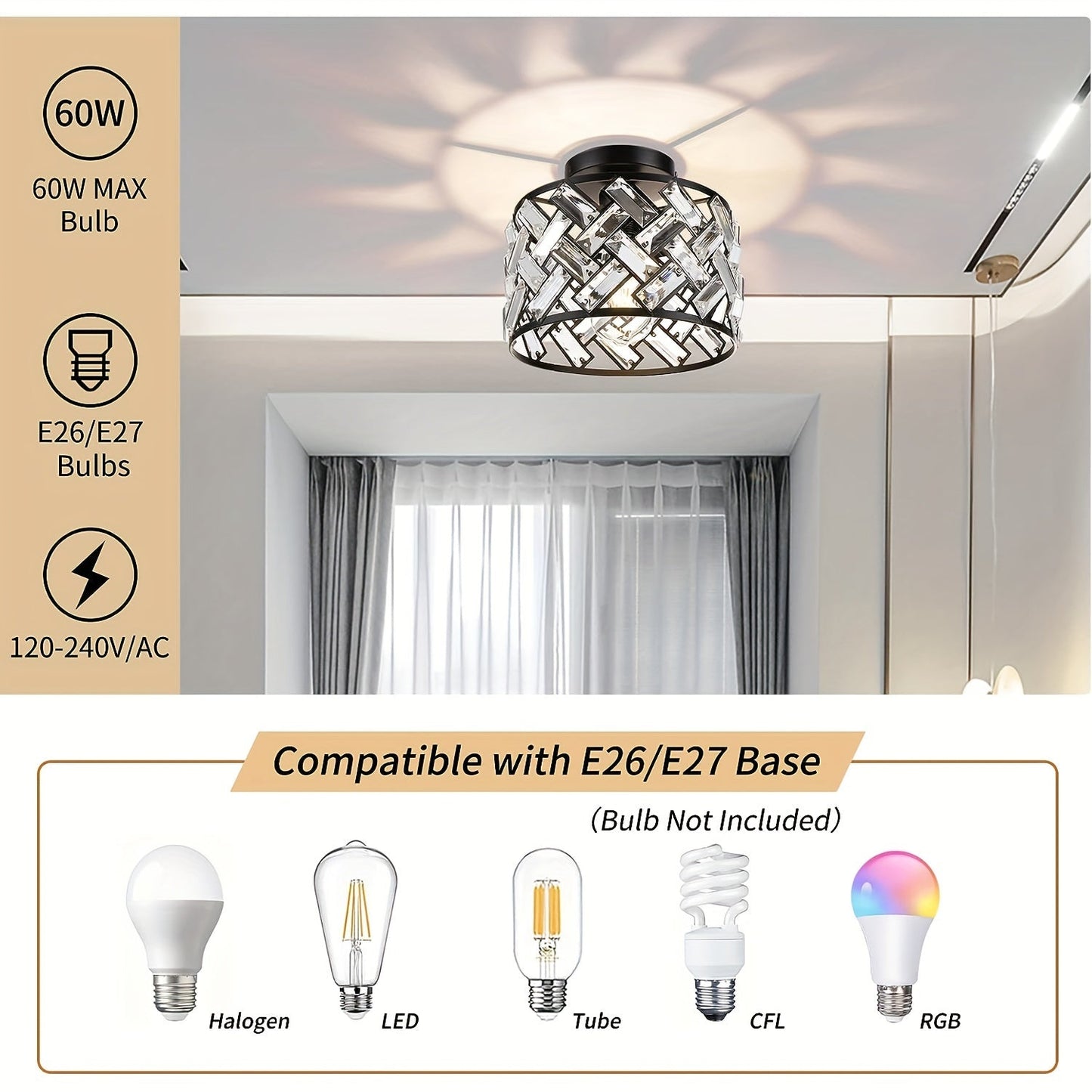 Modern Crystal Semi Flush Mount Ceiling Light